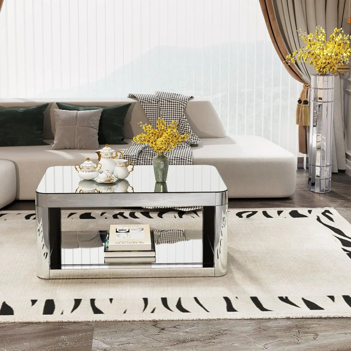 Modern Silver Mirrored MDF Glass Coffee Table With Storage - Omega Lifestyles