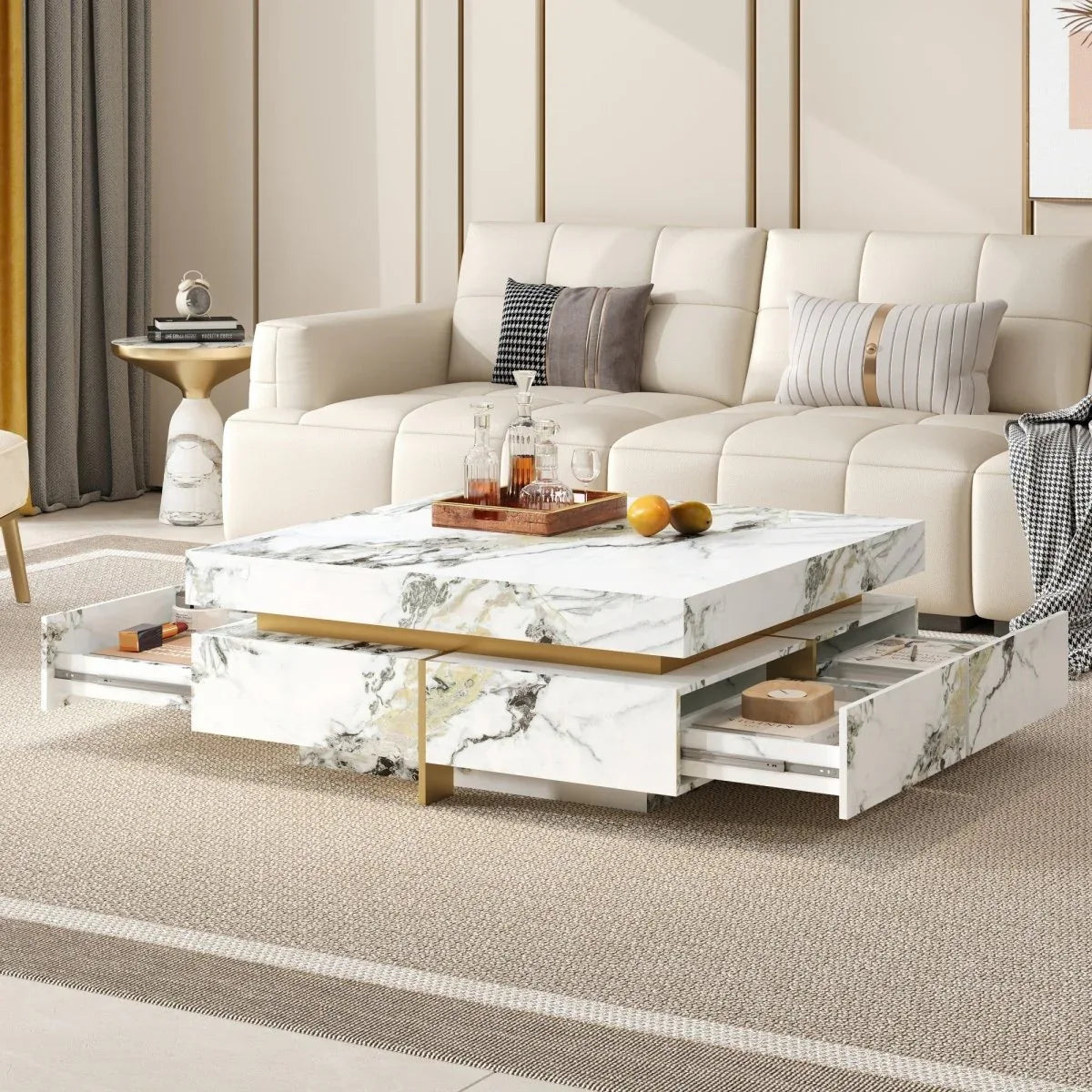 Modern Square White Marble-Textured Coffee Table With Drawers - Omega Lifestyles