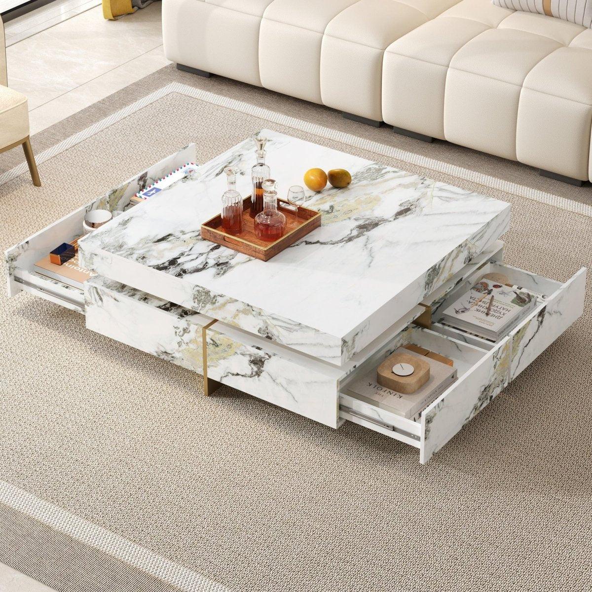 Modern Square White Marble-Textured Coffee Table With Drawers - Omega Lifestyles