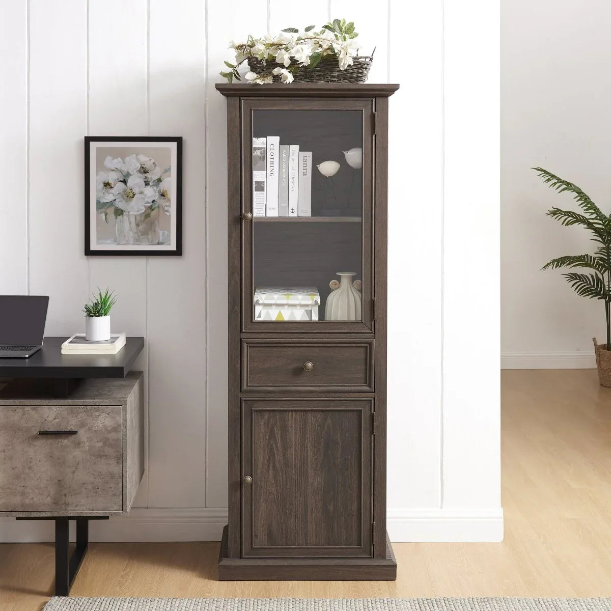 Modern Tall Glass Storage Cabinet With Drawer - Omega Lifestyles