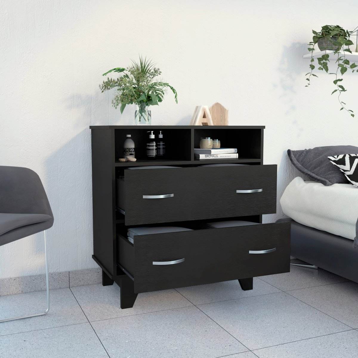 Modern Two Drawer Dresser With Shelves And Superior Top - Sleep Galleria