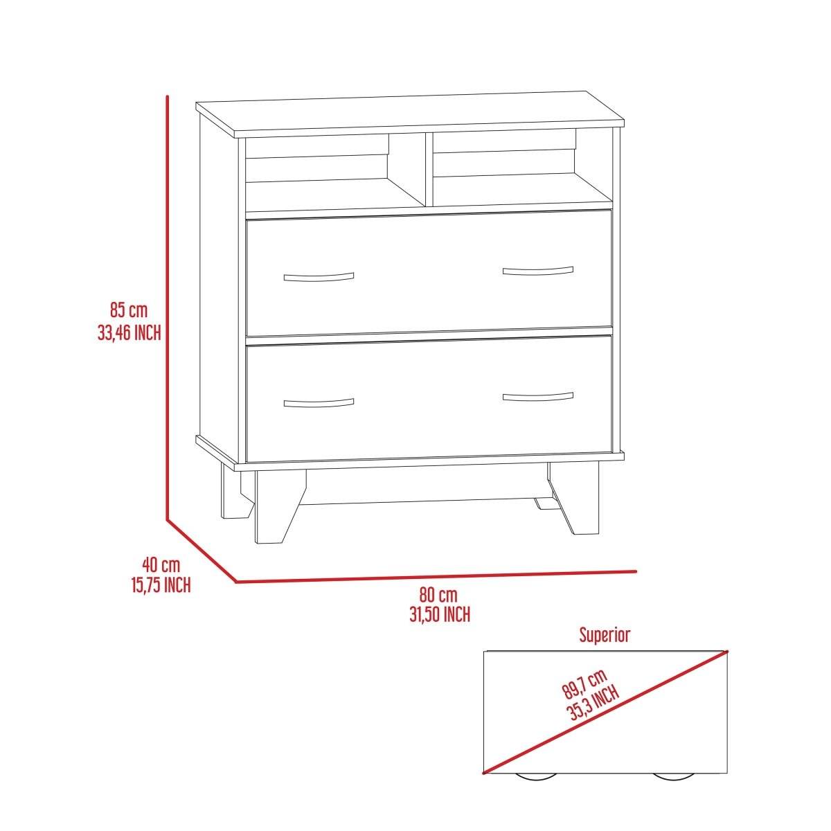 Modern Two Drawer Dresser With Shelves And Superior Top - Sleep Galleria