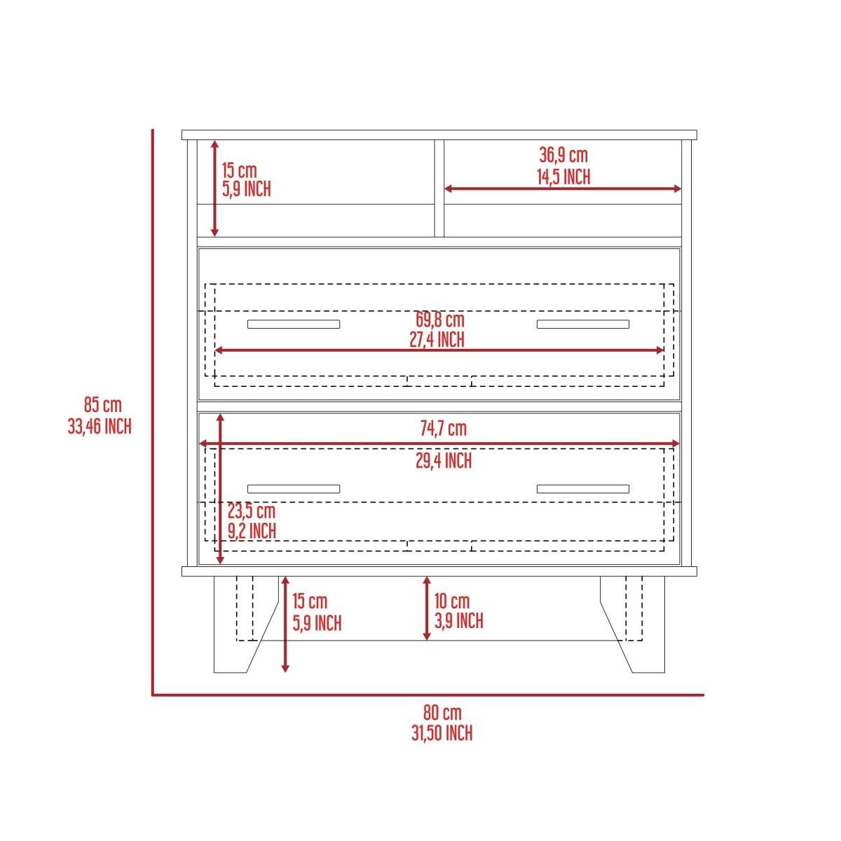 Modern Two Drawer Dresser With Shelves And Superior Top - Sleep Galleria