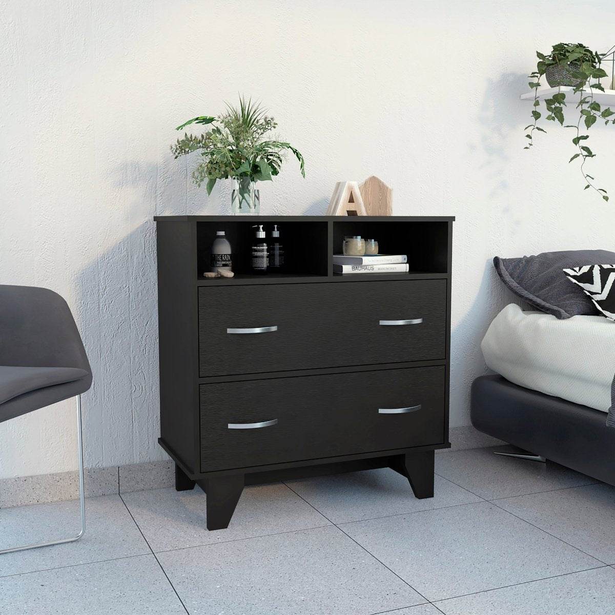Modern Two Drawer Dresser With Shelves And Superior Top - Sleep Galleria