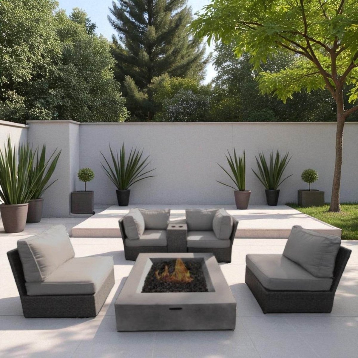 Modern Wicker Patio Sectional Seating Group With Fire Pit - Serenova - Omega Lifestyles