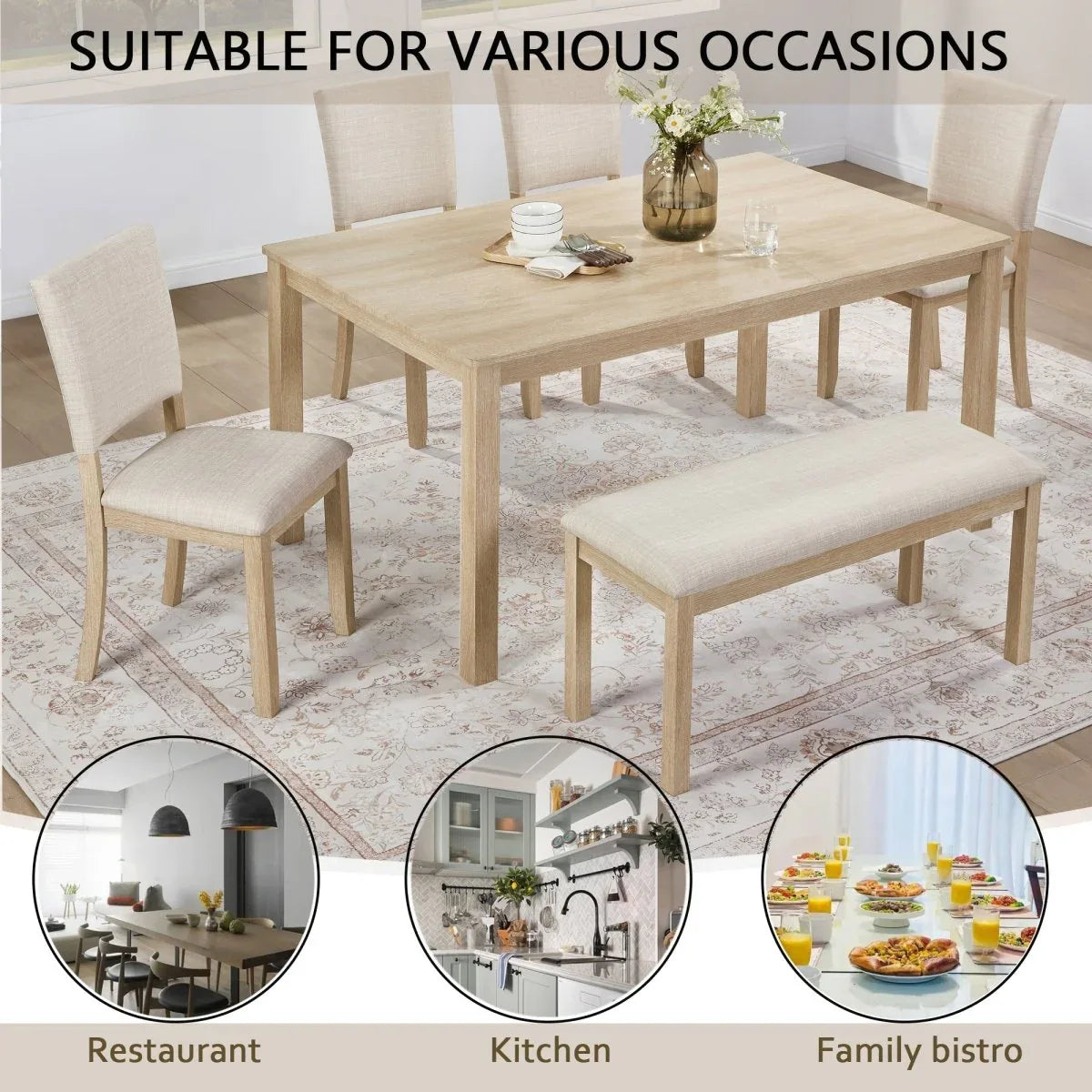 Modern Wooden 6-Piece Dining Table Set With Upholstered Chairs - Omega Lifestyles