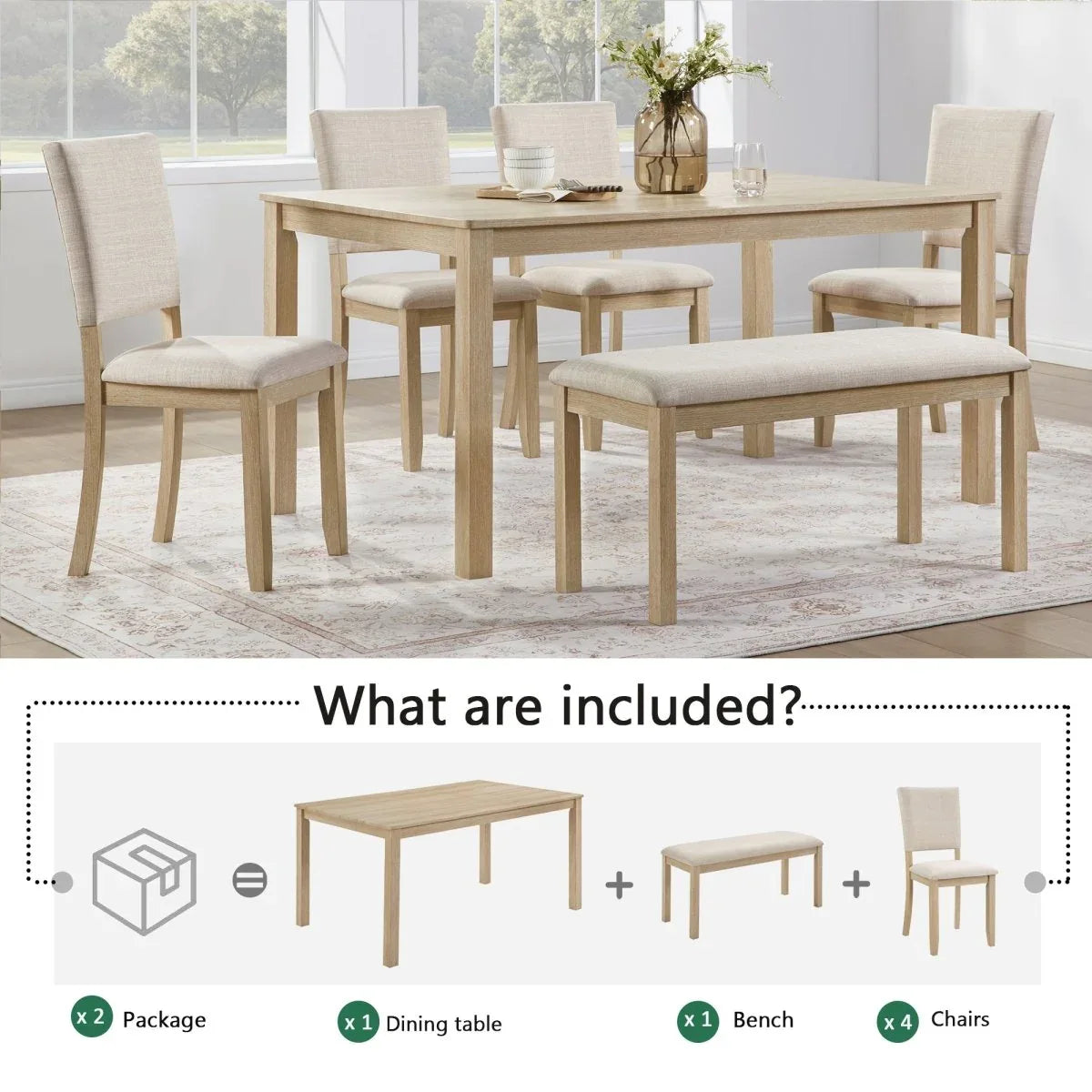 Modern Wooden 6-Piece Dining Table Set With Upholstered Chairs - Omega Lifestyles