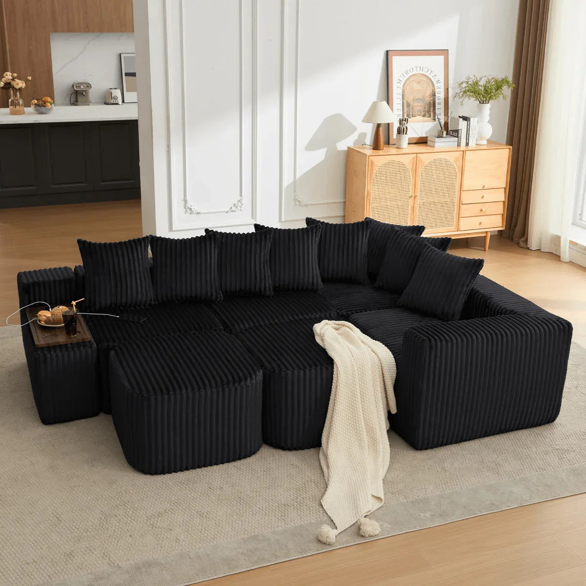 Modular U-Shaped 6-Seat Corduroy Sofa With Console - Omega Lifestyles