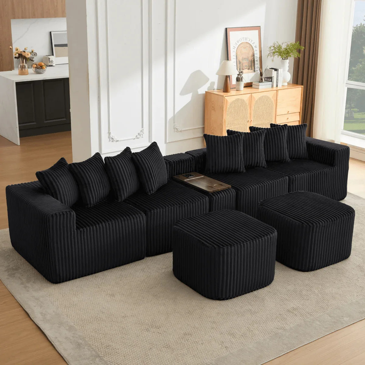 Modular U-Shaped 6-Seat Corduroy Sofa With Console - Omega Lifestyles