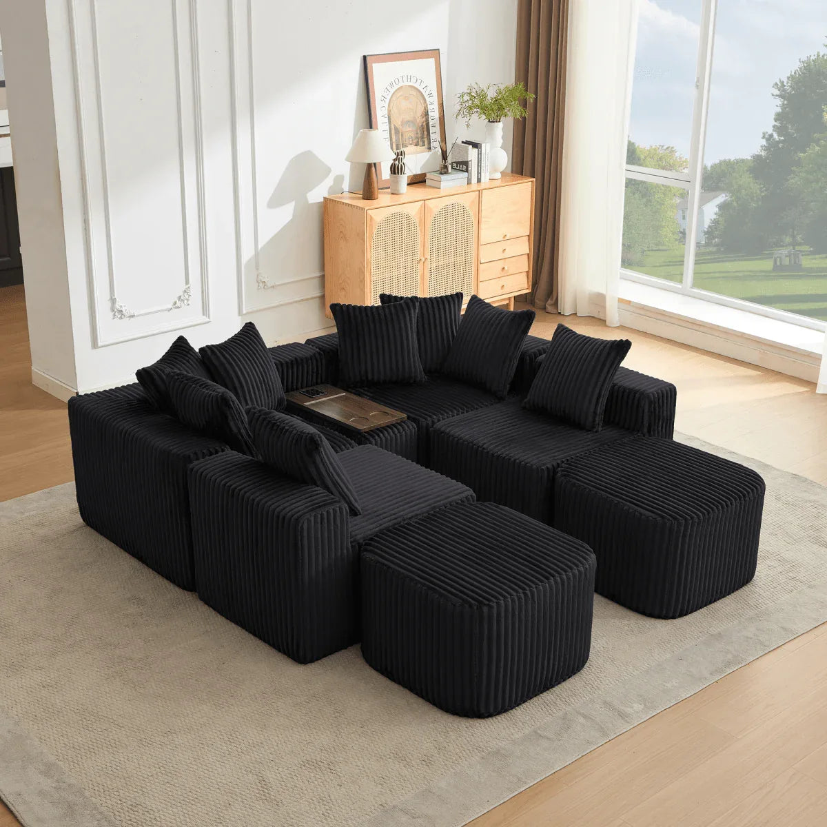 Modular U-Shaped 6-Seat Corduroy Sofa With Console - Omega Lifestyles