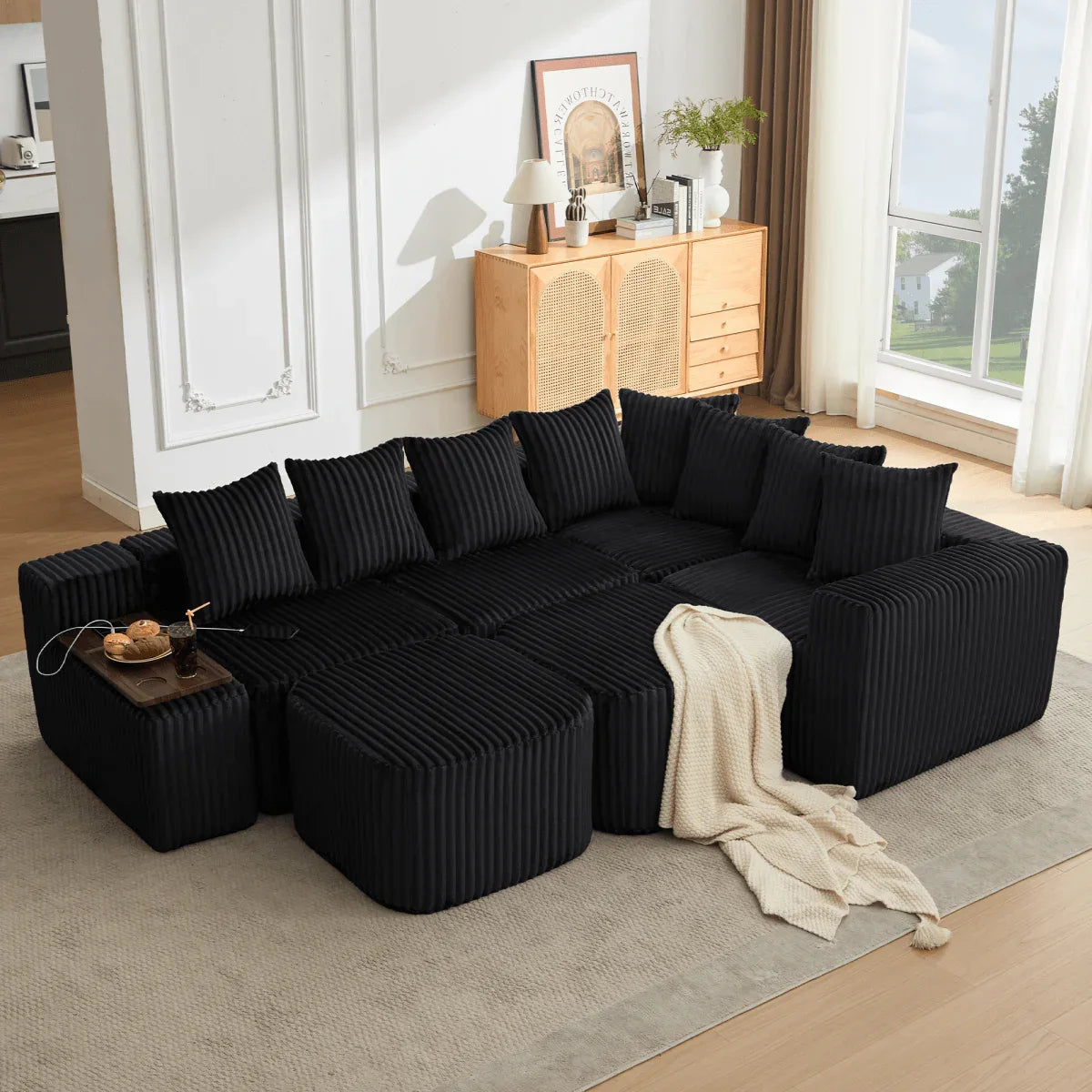 Modular U-Shaped 6-Seat Corduroy Sofa With Console - Omega Lifestyles