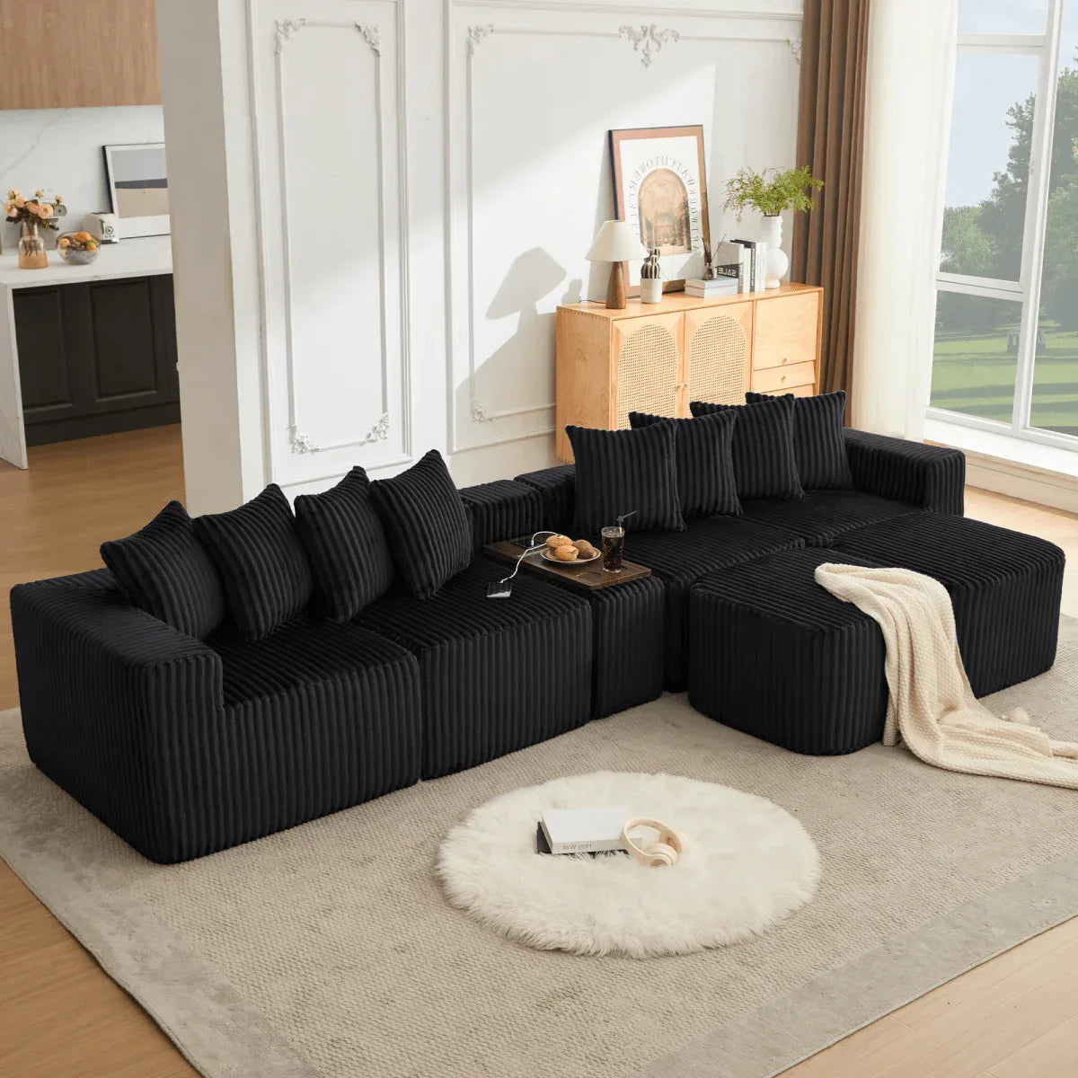 Modular U-Shaped 6-Seat Corduroy Sofa With Console - Omega Lifestyles