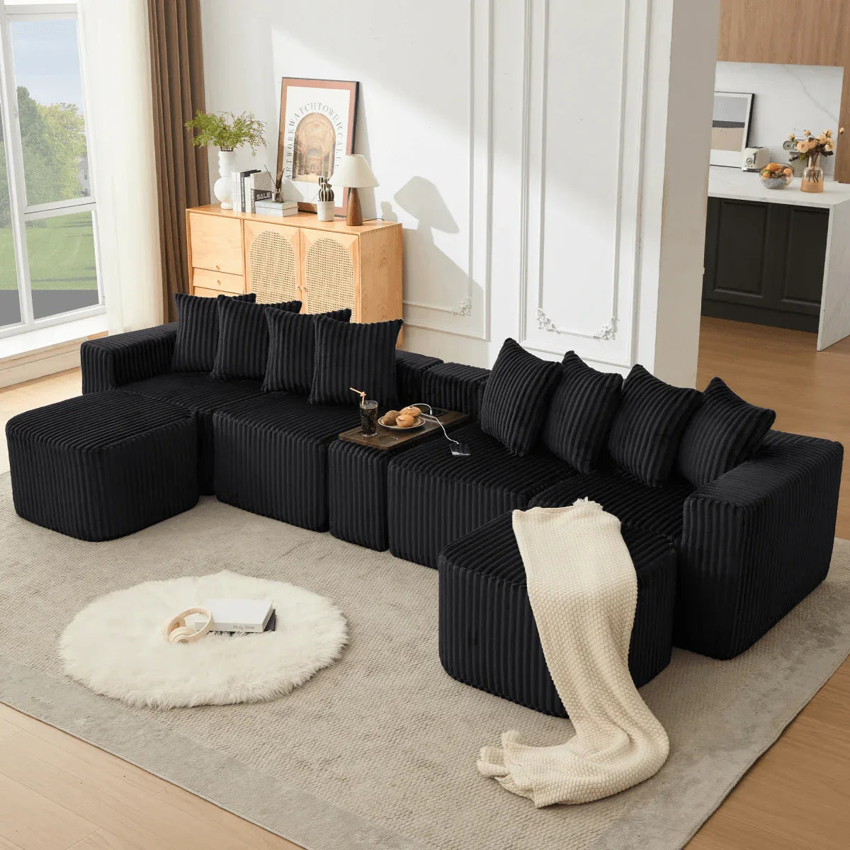 Modular U-Shaped 6-Seat Corduroy Sofa With Console - Omega Lifestyles