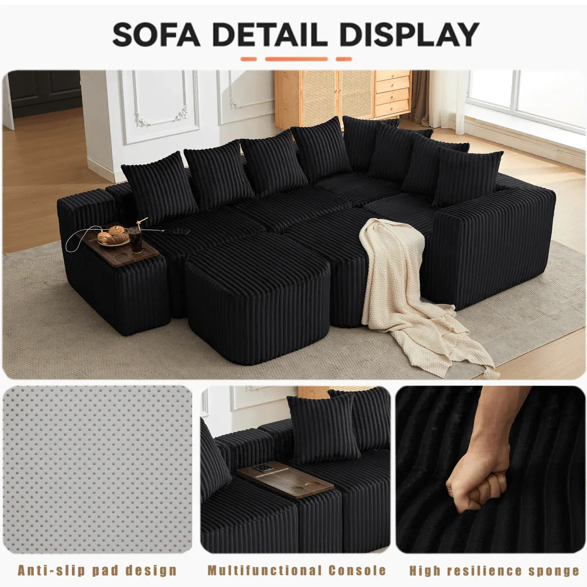 Modular U-Shaped 6-Seat Corduroy Sofa With Console - Omega Lifestyles