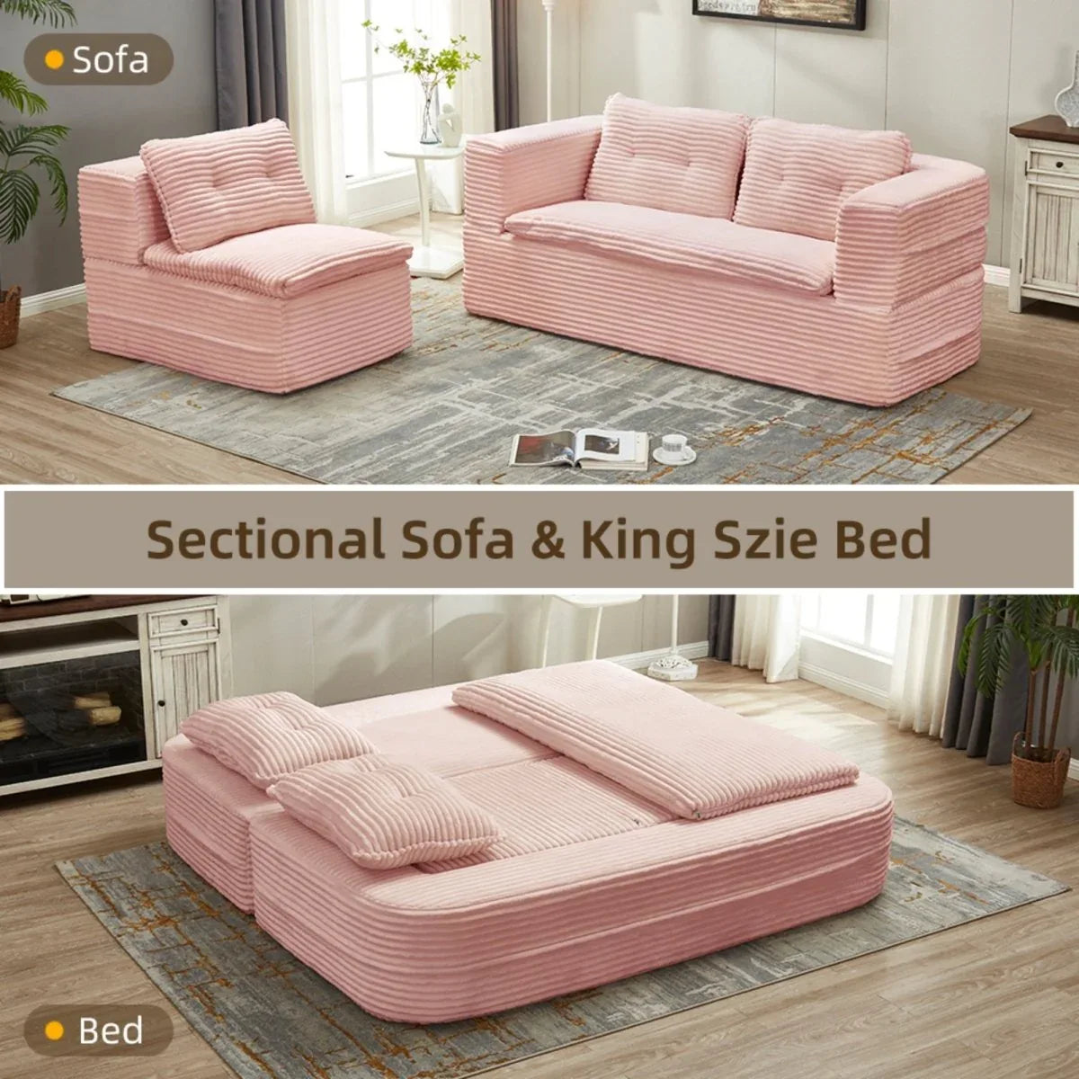 Multi Functional Plush Corduroy Sectional Sofa Bed - Omega Lifestyles