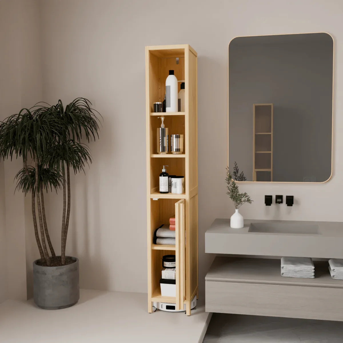 Natural Bamboo Tall Storage Cabinet With Shelves - Omega Lifestyles