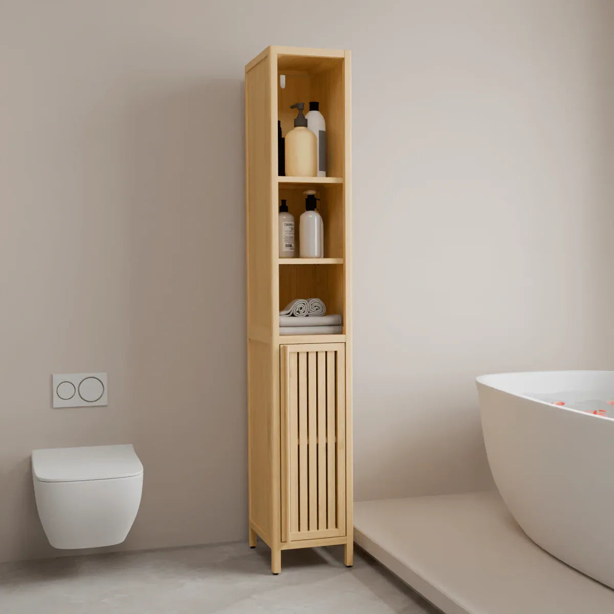 Natural Bamboo Tall Storage Cabinet With Shelves - Omega Lifestyles