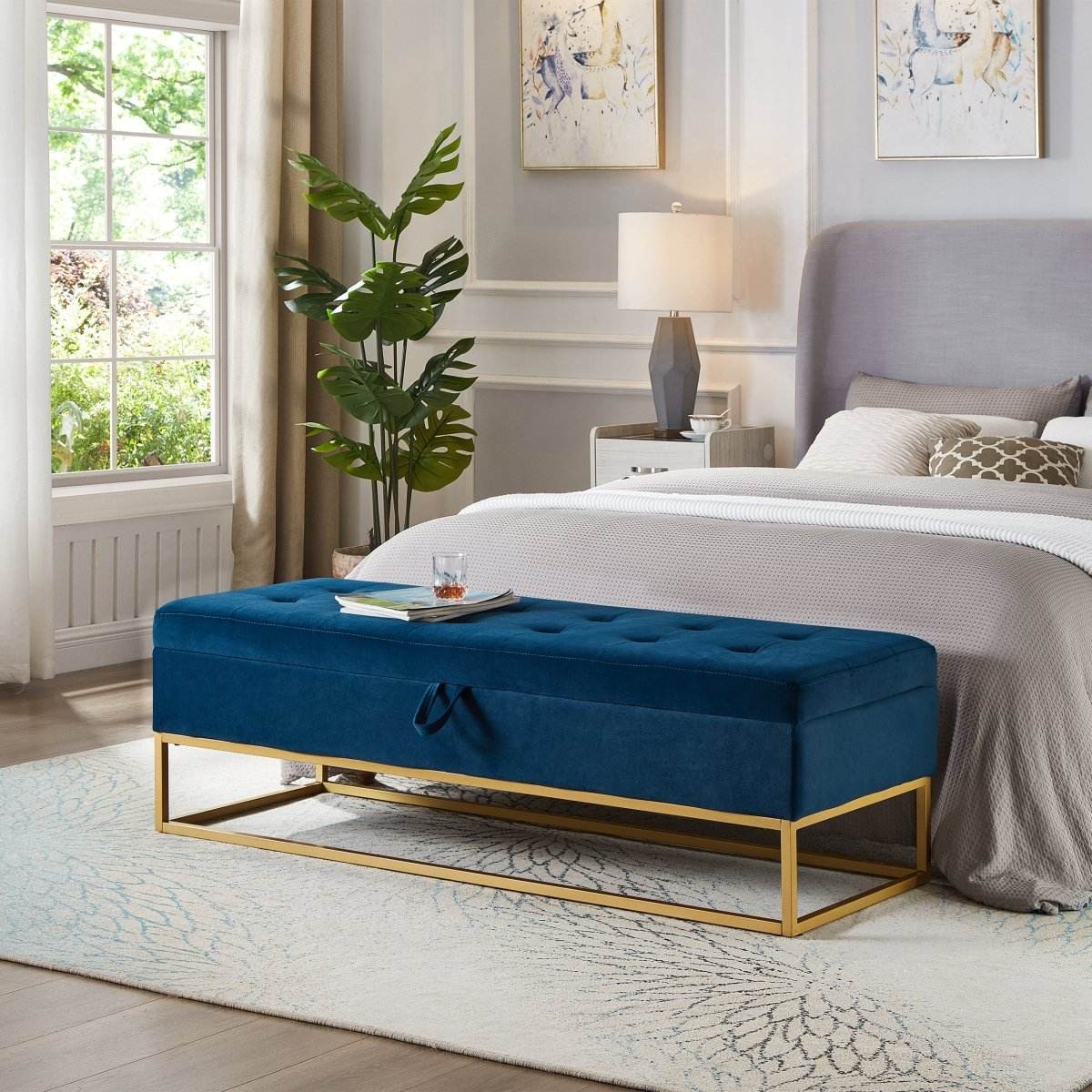 Navy Blue Velvet Storage Bench With Metal Base - Omega Lifestyles