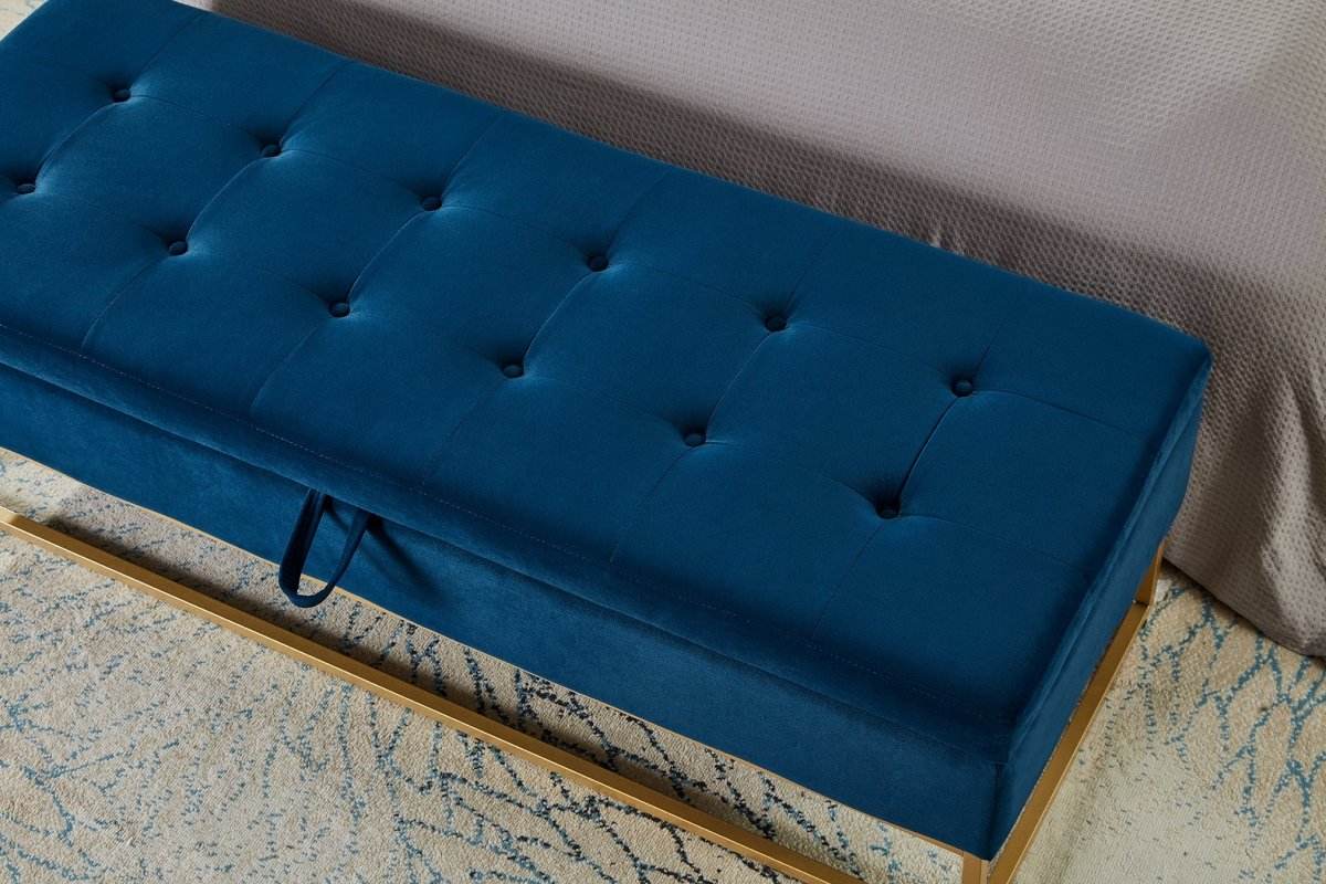 Navy Blue Velvet Storage Bench With Metal Base - Omega Lifestyles