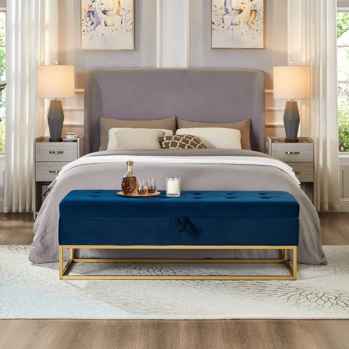 Navy Blue Velvet Storage Bench With Metal Base - Omega Lifestyles