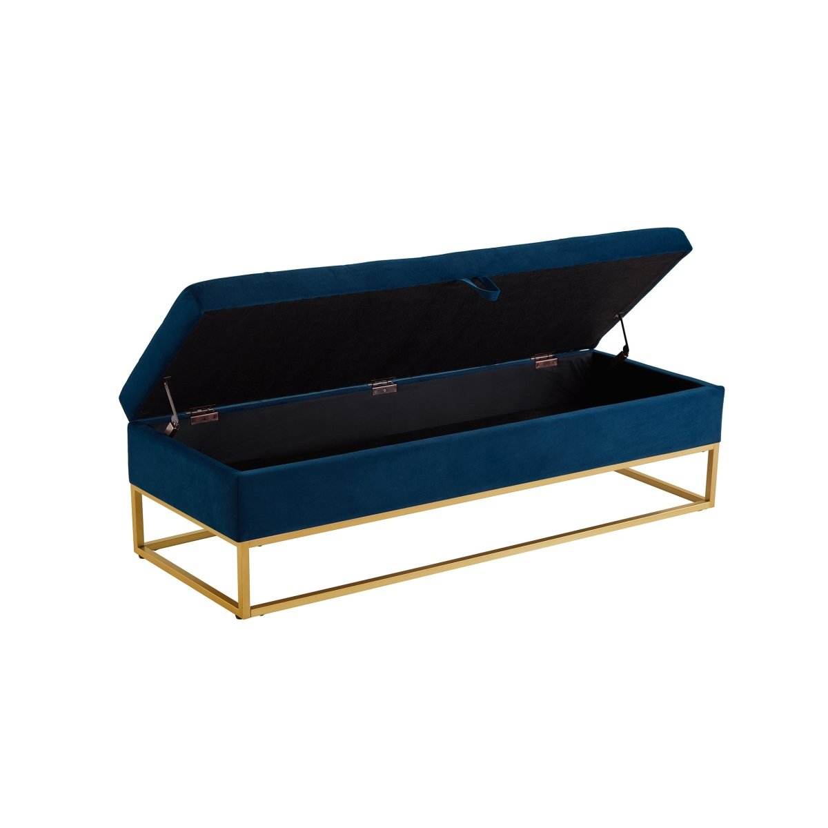 Navy Blue Velvet Storage Bench With Metal Base - Omega Lifestyles