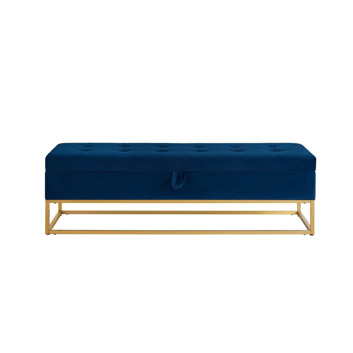 Navy Blue Velvet Storage Bench With Metal Base - Omega Lifestyles