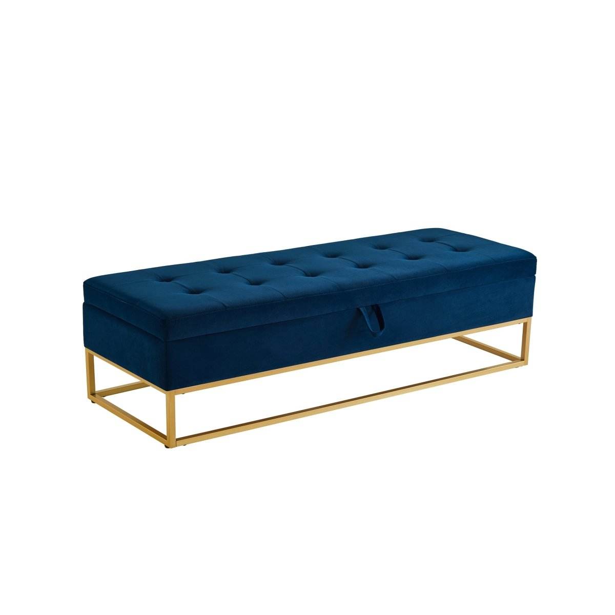 Navy Blue Velvet Storage Bench With Metal Base - Omega Lifestyles