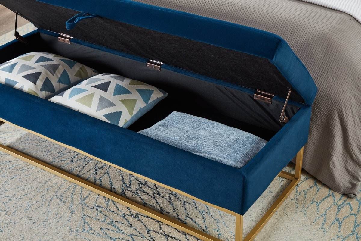 Navy Blue Velvet Storage Bench With Metal Base - Omega Lifestyles