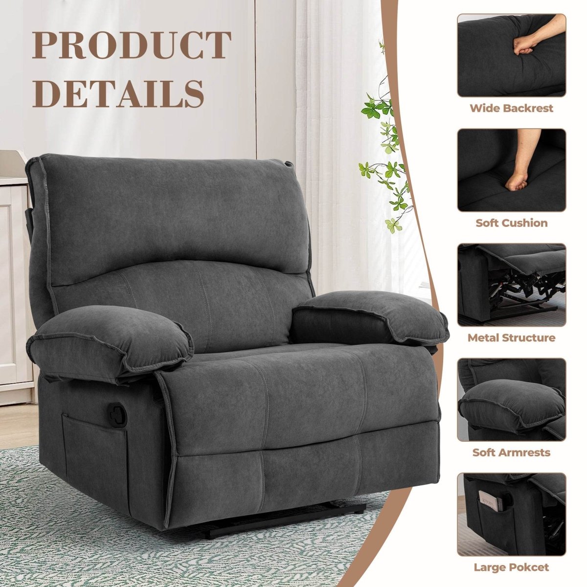 Oversized Manual Push - Back Velvet Massage Recliner Chair - Serenova - Omega Lifestyles
