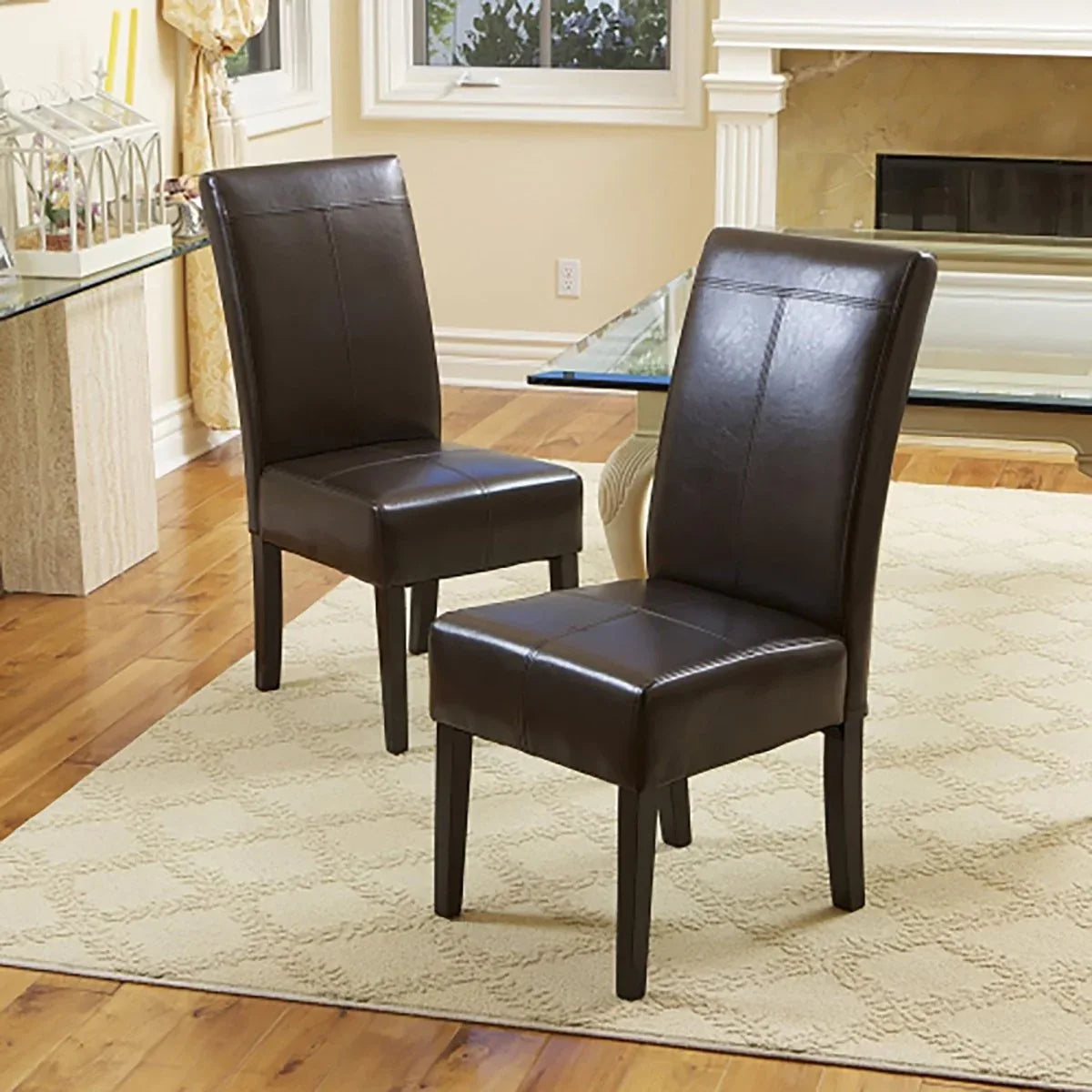 Pair Of Chocolate Leather Dining Chairs 2-Piece Set - Omega Lifestyles