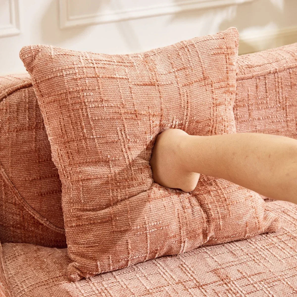 Pink Chenille Foam Spring Two-Seater Sofa With Pillows - Omega Lifestyles