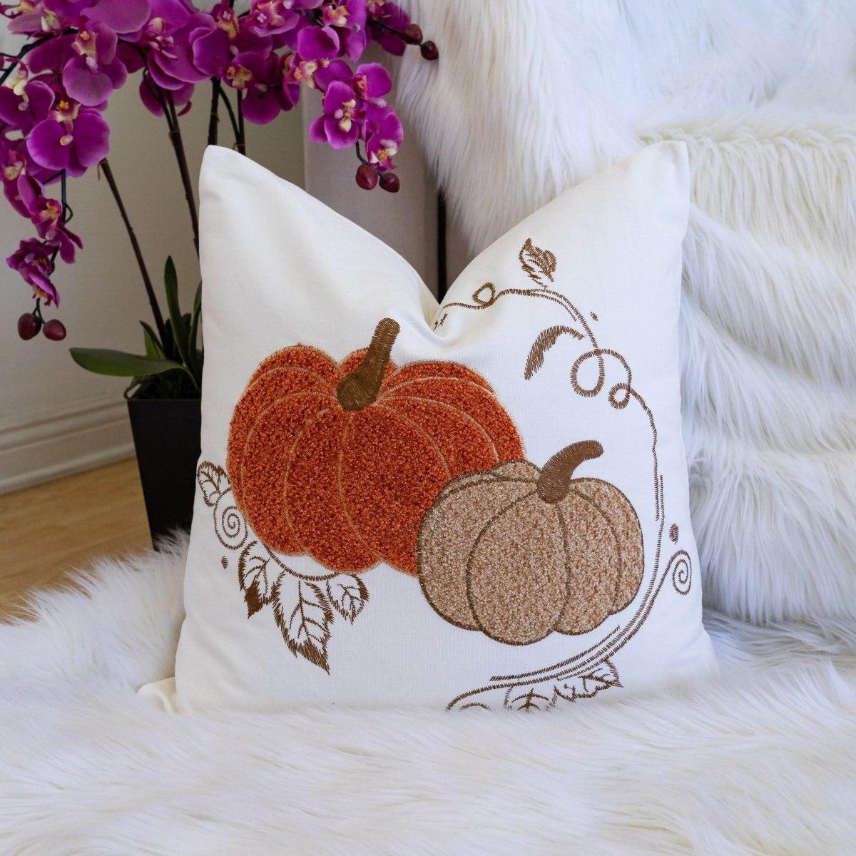Pumpkin Embroidered Rust Cotton Throw Pillow 20x20 Inch - Serenova - Omega Lifestyles