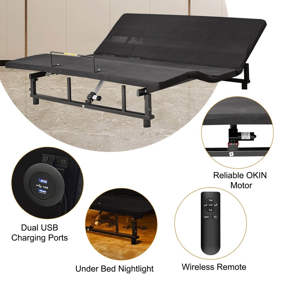 Queen Adjustable Bed Base Frame Wireless Remote Steel Wood - Serenova - Omega Lifestyles