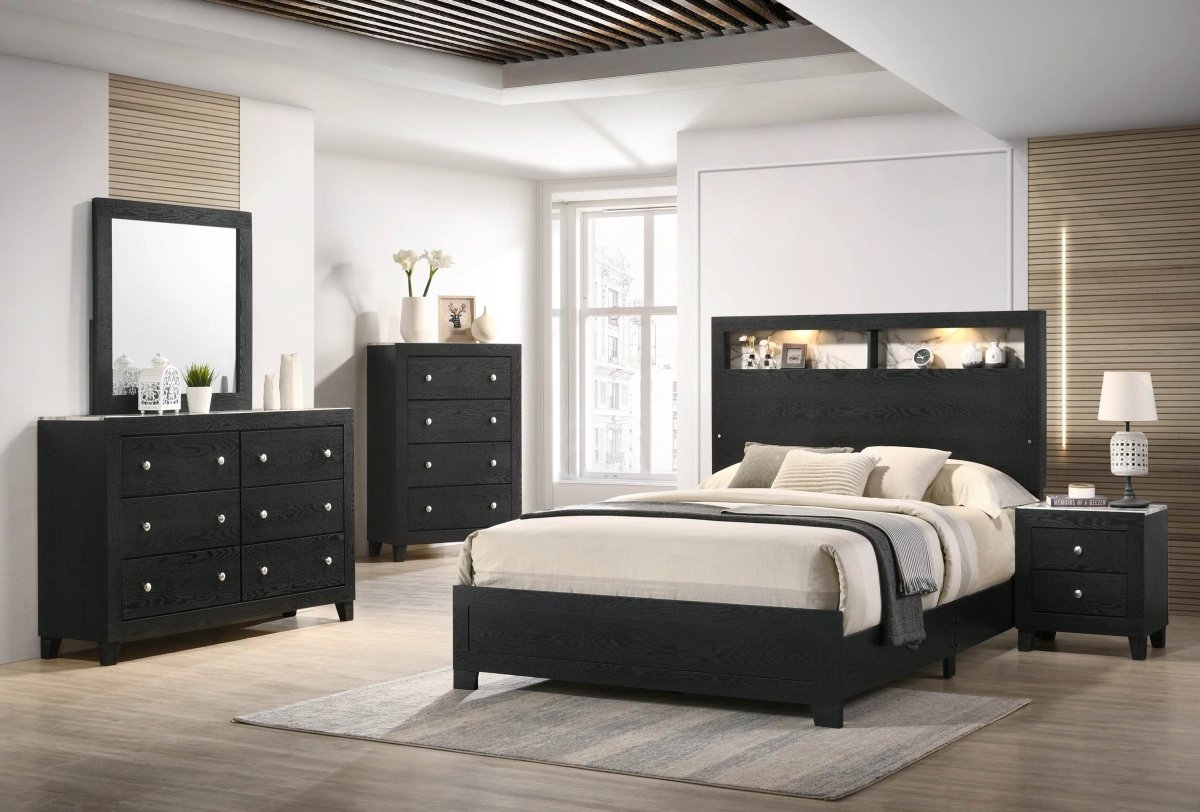 Queen Contemporary Panel Bed Frame With LED Shelving - Serenova - Omega Lifestyles