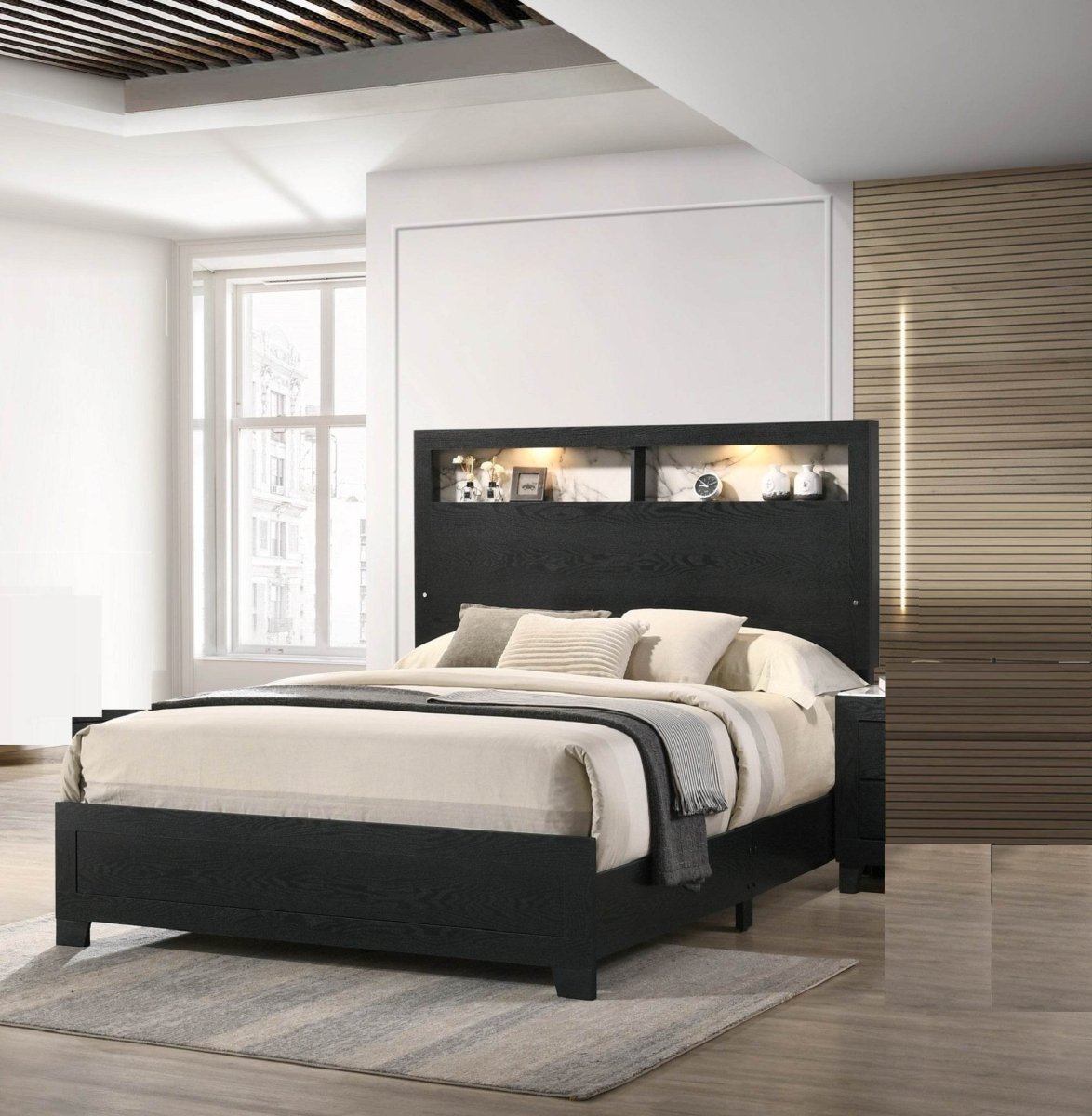 Queen Contemporary Panel Bed Frame With LED Shelving - Serenova - Omega Lifestyles