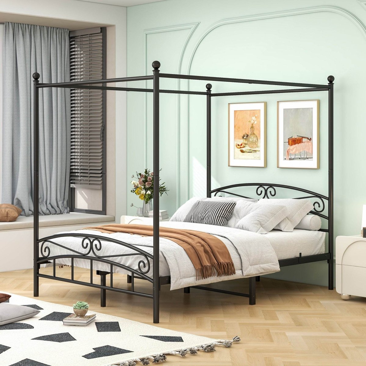 Queen Metal Canopy Bed Frame With Headboard And Footboard - Serenova - Omega Lifestyles