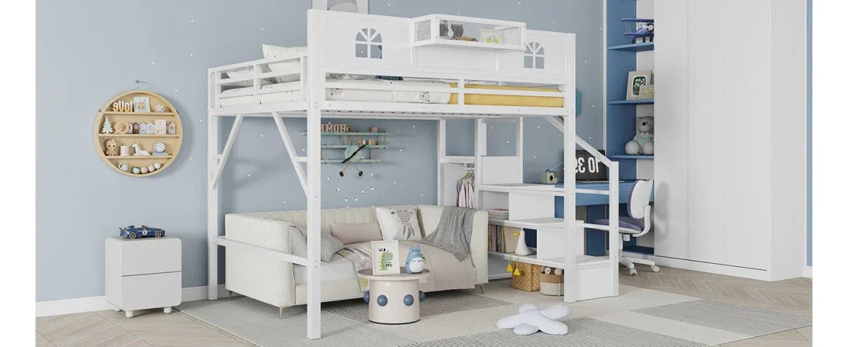 Queen Metal Loft Bed With Stairs High Guardrails Wardrobe - Omega Lifestyles