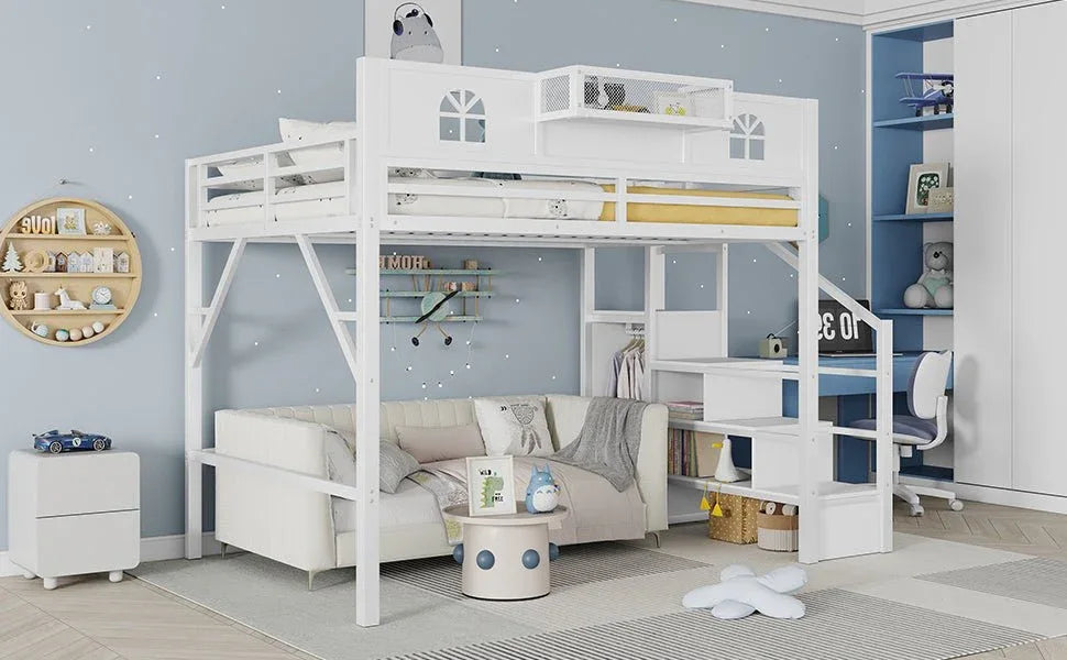 Queen Metal Loft Bed With Stairs High Guardrails Wardrobe - Omega Lifestyles