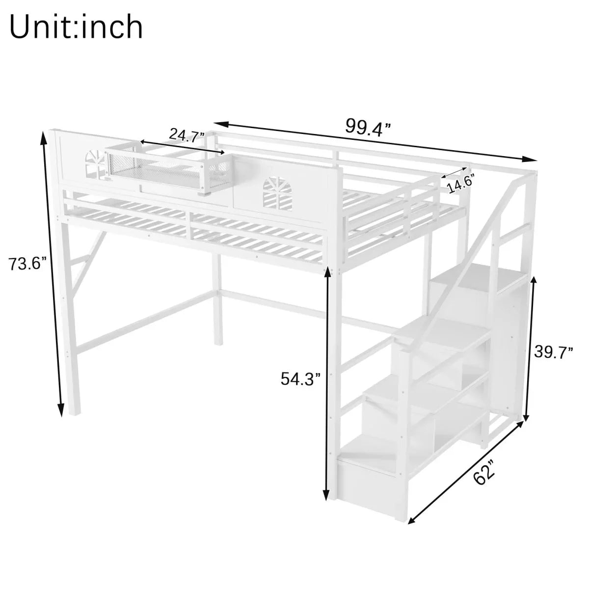Queen Metal Loft Bed With Stairs High Guardrails Wardrobe - Omega Lifestyles