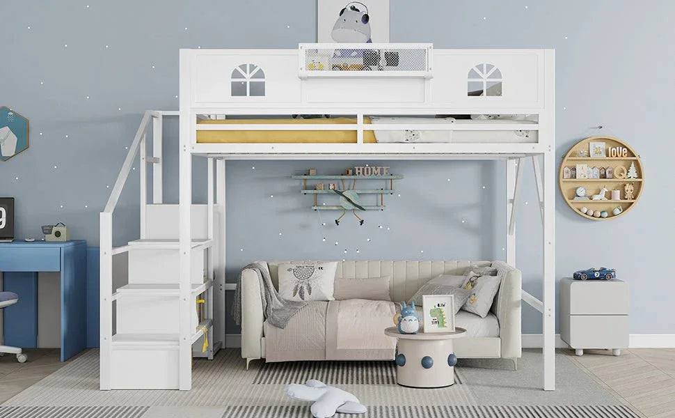 Queen Metal Loft Bed With Stairs High Guardrails Wardrobe - Omega Lifestyles