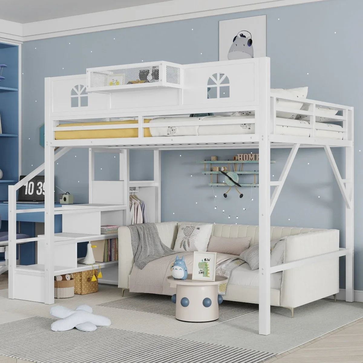 Queen Metal Loft Bed With Stairs High Guardrails Wardrobe - Omega Lifestyles
