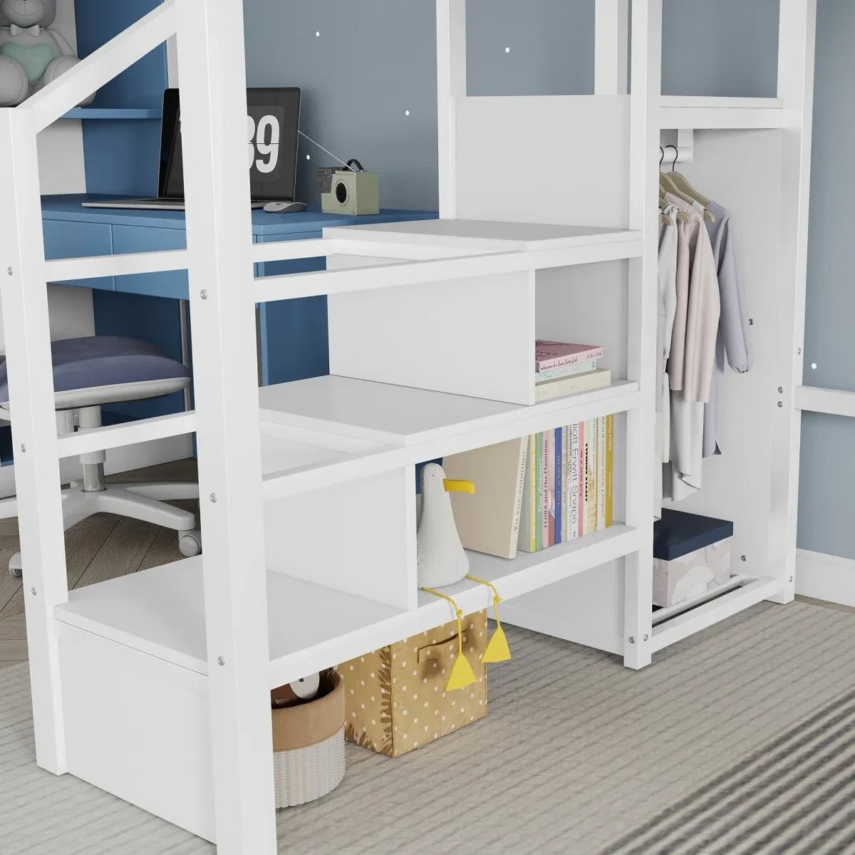 Queen Metal Loft Bed With Stairs High Guardrails Wardrobe - Omega Lifestyles