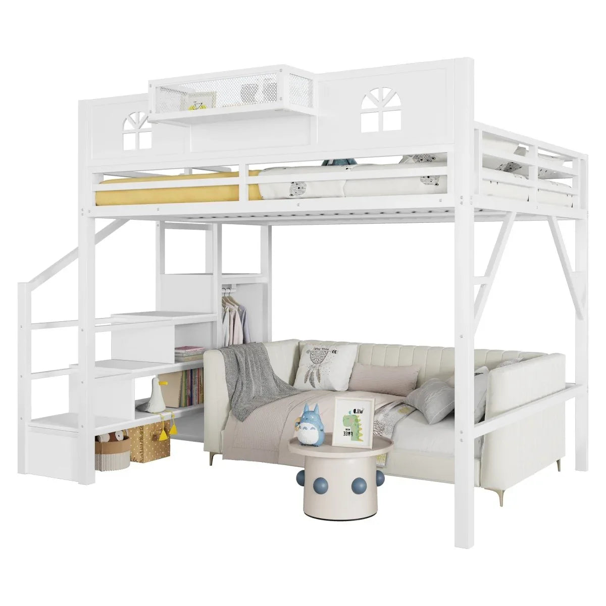 Queen Metal Loft Bed With Stairs High Guardrails Wardrobe - Omega Lifestyles