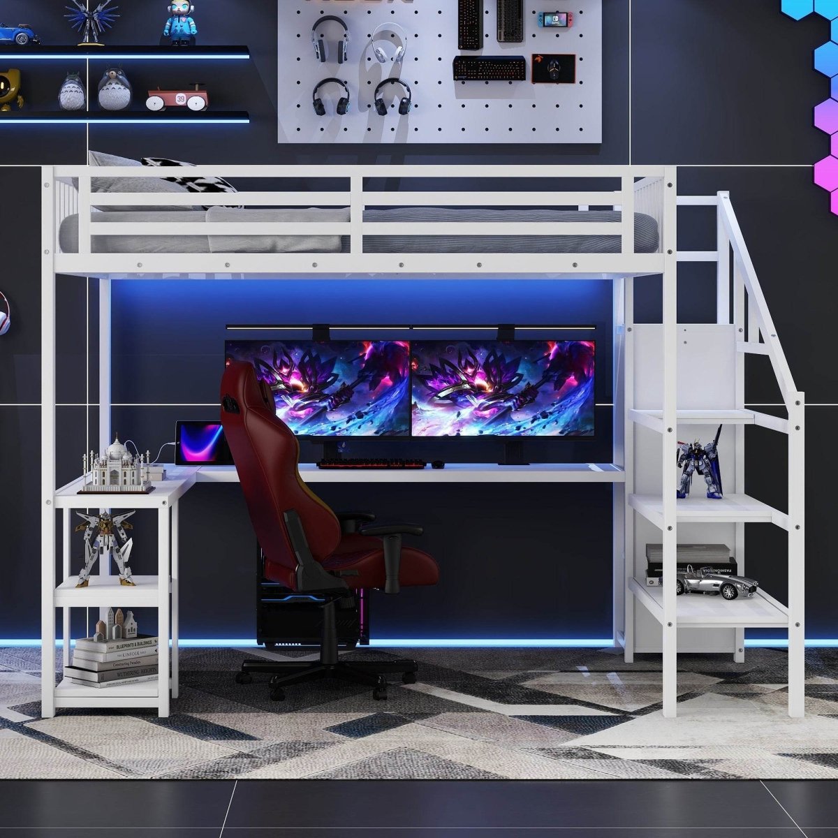 Queen Metal Loft Bed With Wardrobe Desk USB And LED Light - Serenova - Omega Lifestyles