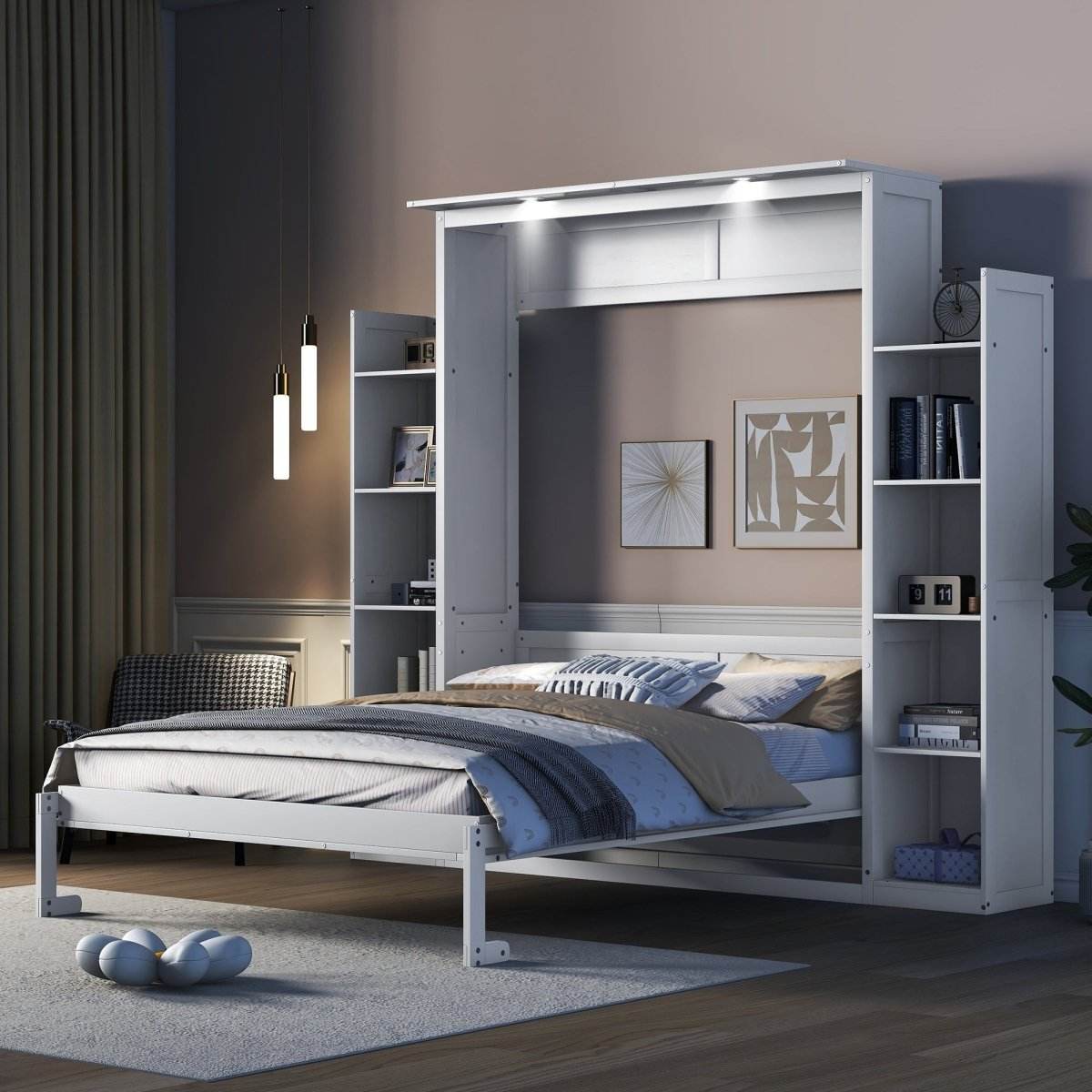 Queen Murphy Wall Bed With Shelves And LED Lights - Sleep Galleria