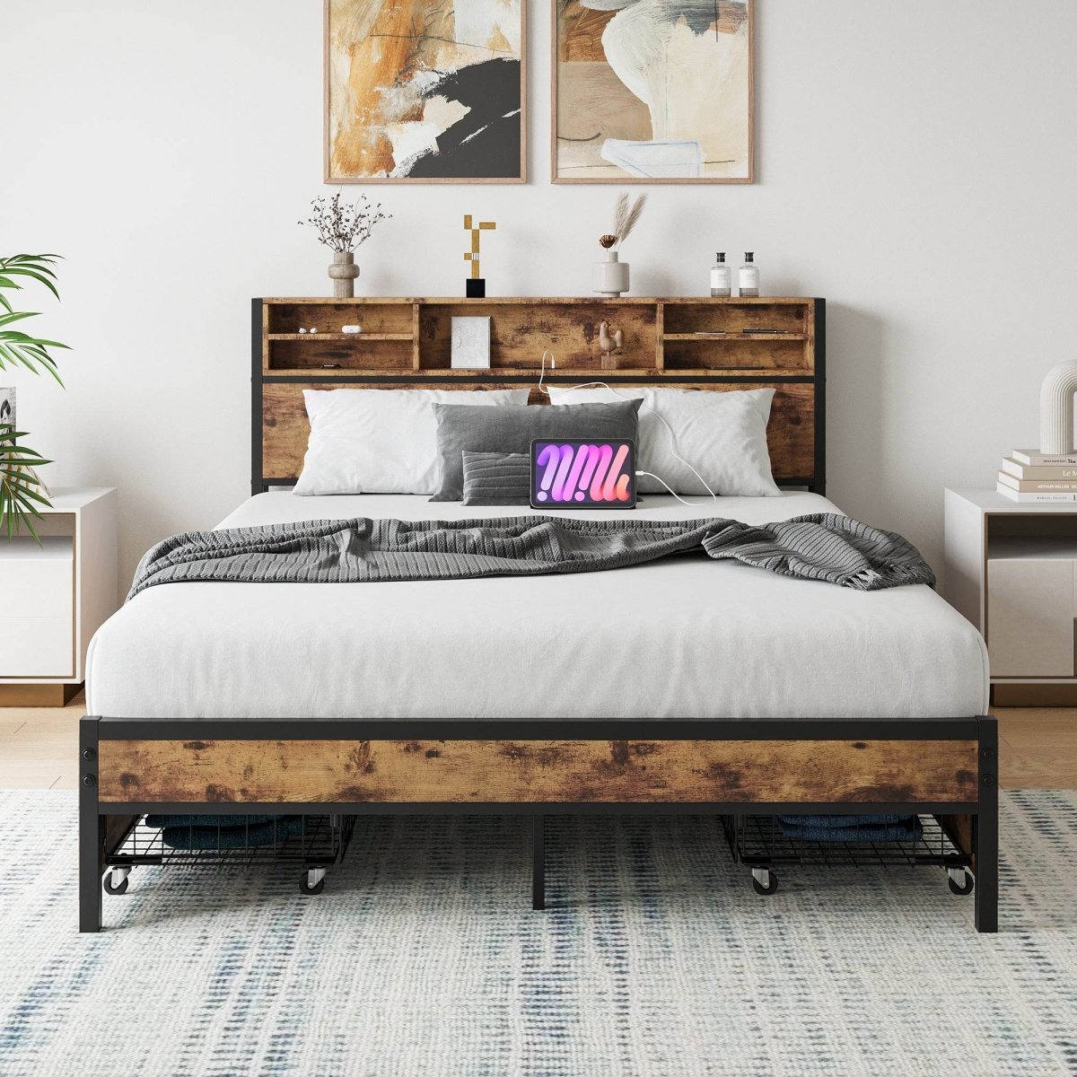 Queen Storage Bed Frame With Headboard Charging Station - Serenova - Omega Lifestyles