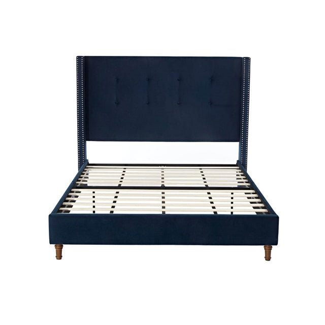 Queen Upholstered Blue Velvet Bed Frame With Tufted Headboard - Omega Lifestyles