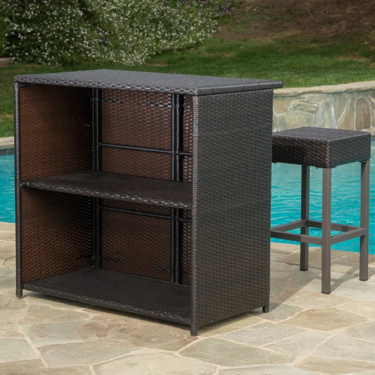 Rattan Brown Multi Bar Island With Stools and Storage - Omega Lifestyles