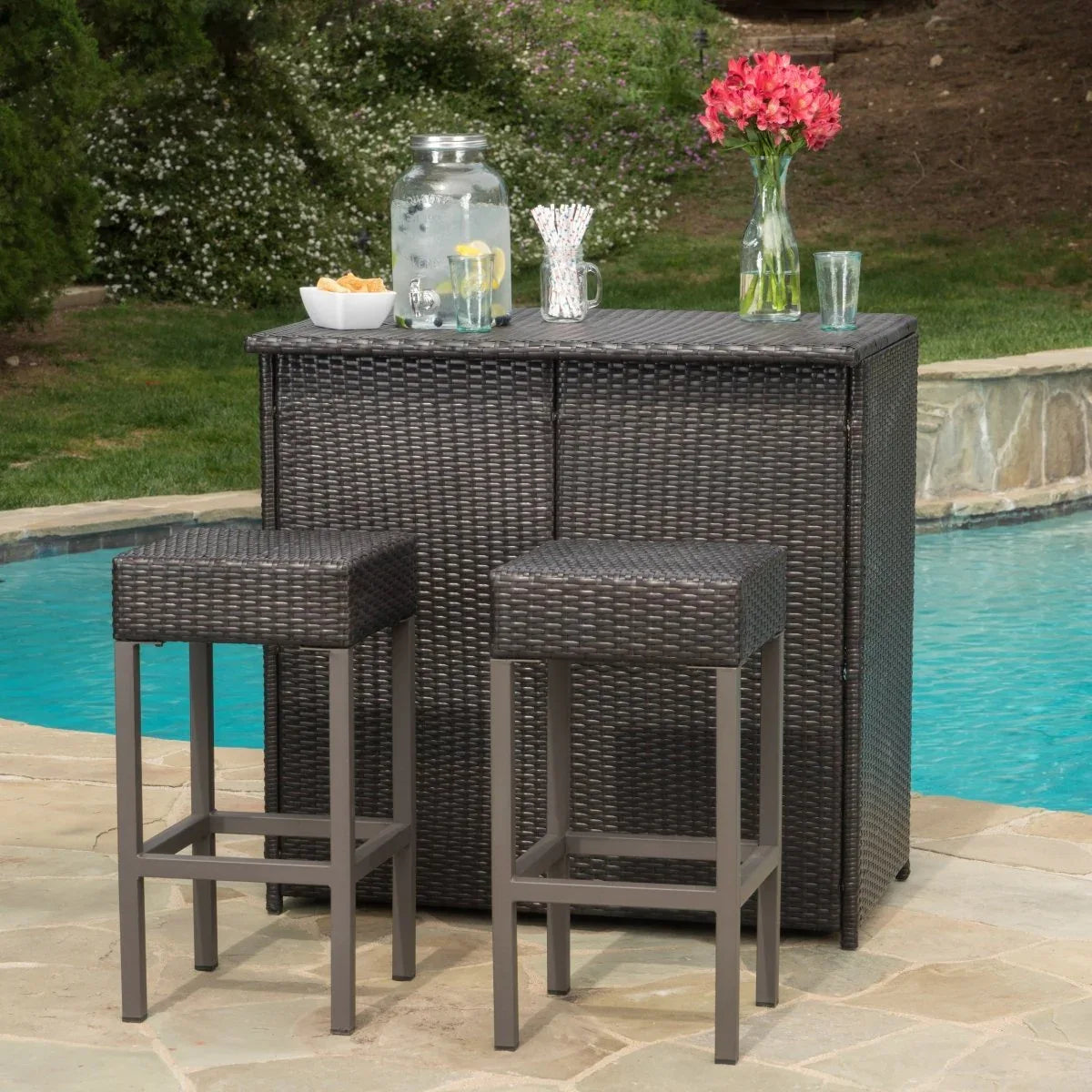 Rattan Brown Multi Bar Island With Stools and Storage - Omega Lifestyles