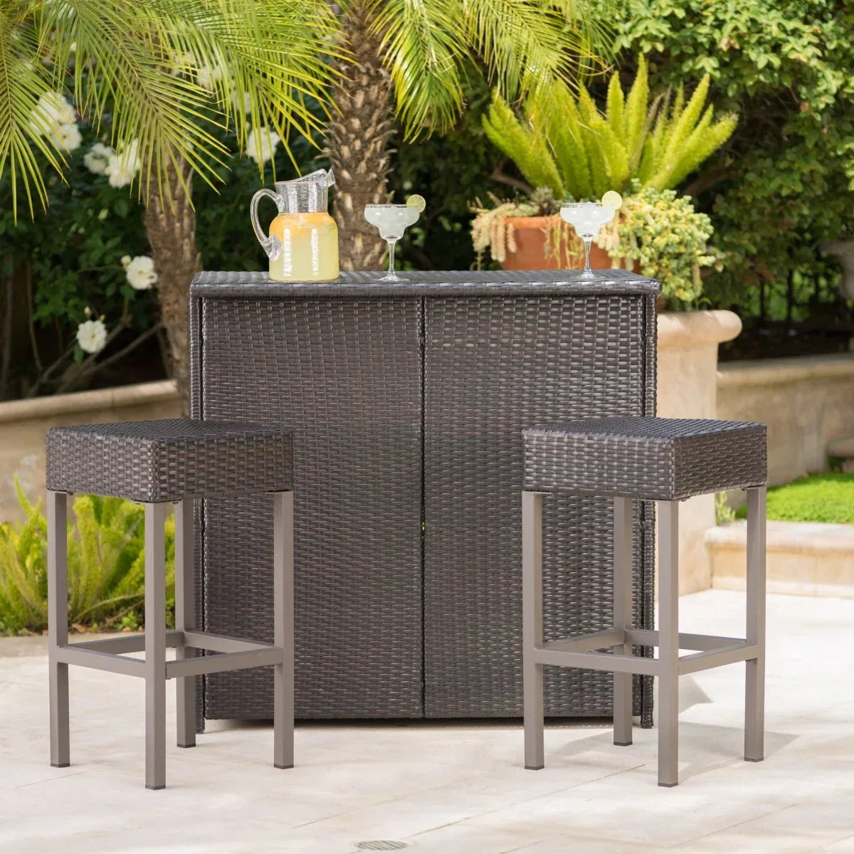 Rattan Brown Multi Bar Island With Stools and Storage - Omega Lifestyles